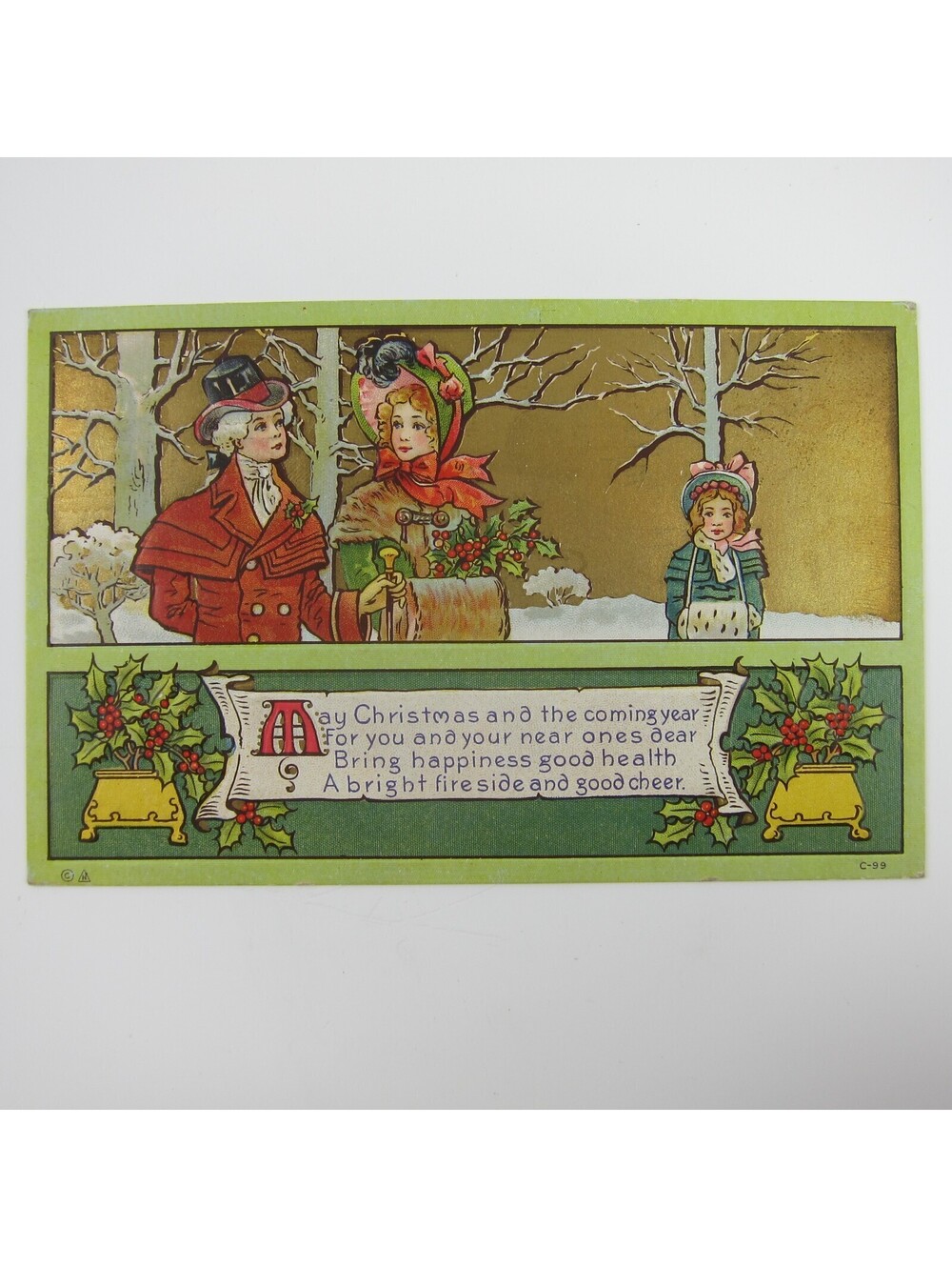Christmas Postcard Man Lady Girl Snow Trees Holly Gold Embossed Antique 1913